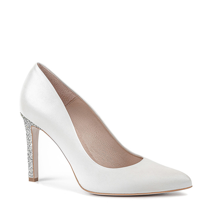 White wedding shoes with a glitter high heel