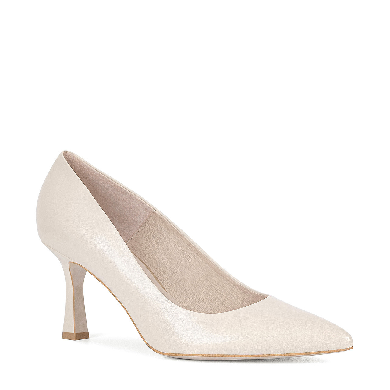 Classic beige cream women’s pumps with a geometric heel made of natural premium leather