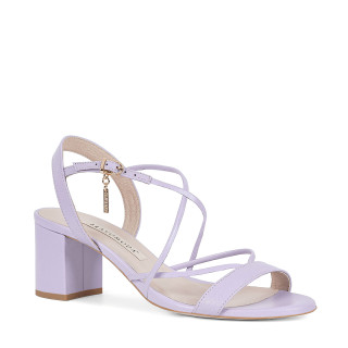 Premium leather block-heeled low summer sandals in lilac color