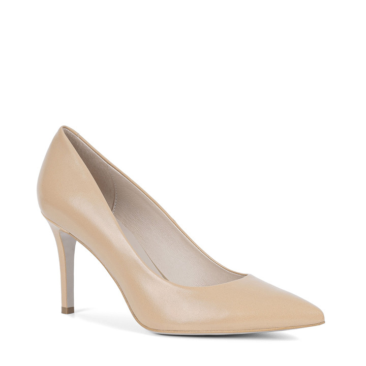 Classic high-heeled beige pumps handmade of natural grain leather