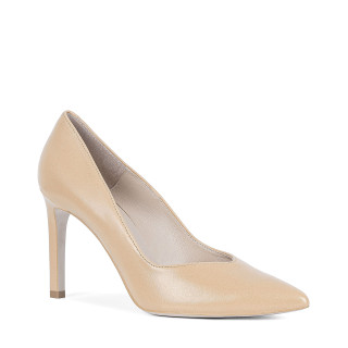 Beige leather shoes made from genuine leather on a high heel