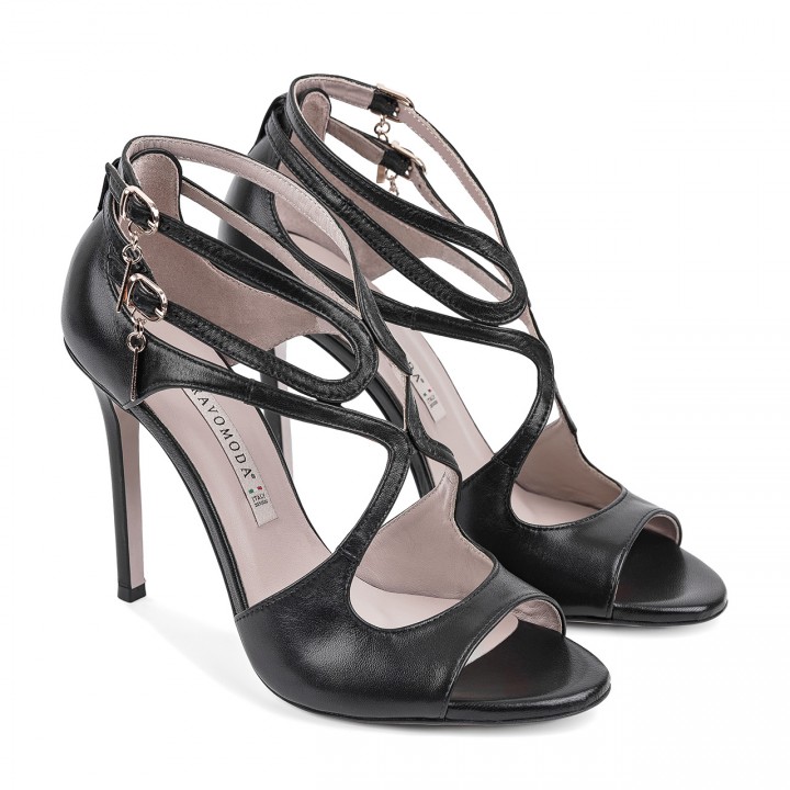 Leather sandals with a high heel with original cutouts in black