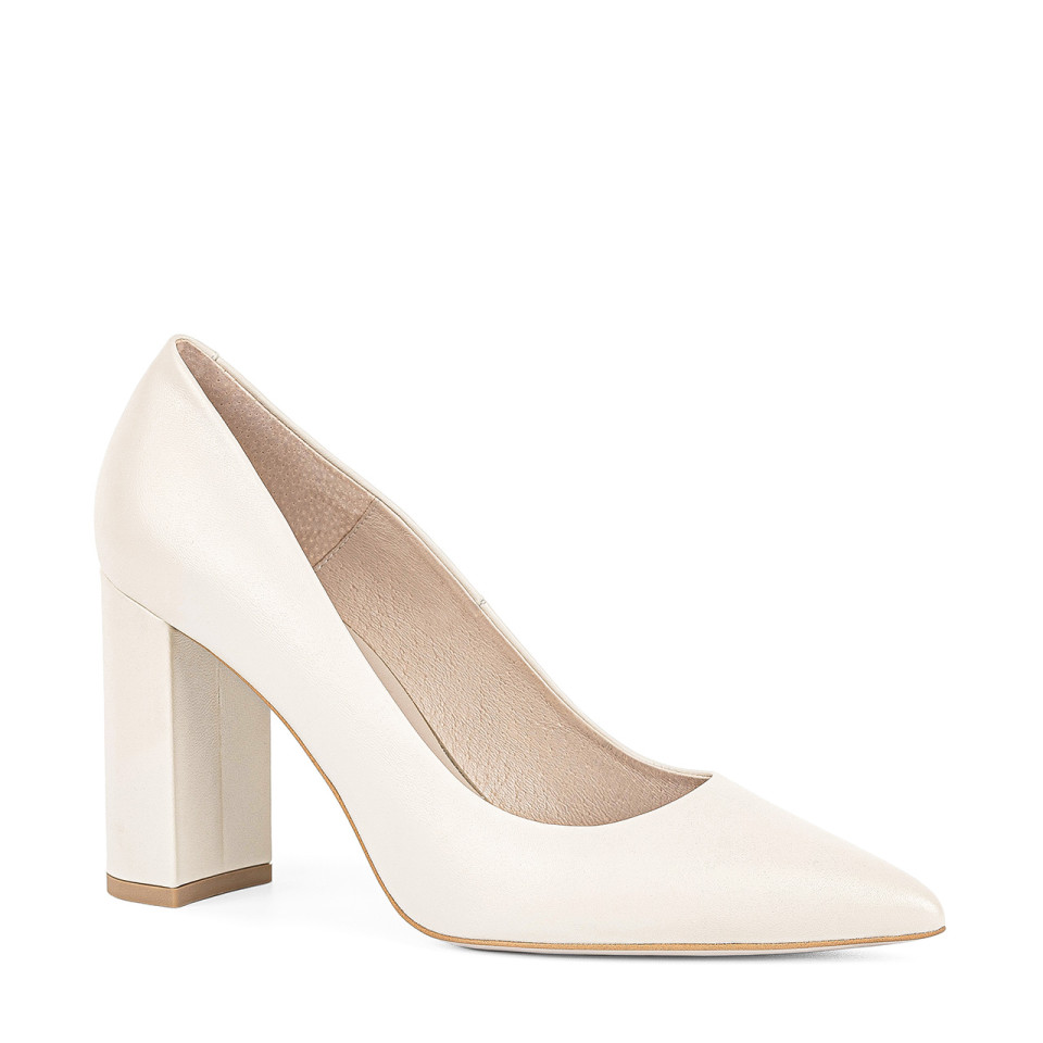 High cream-colored pumps made from genuine grain leather