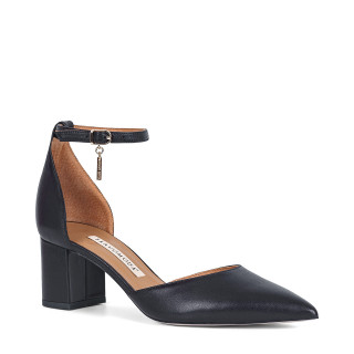 Black leather low-heeled pumps with a strap around the ankle, made of natural leather