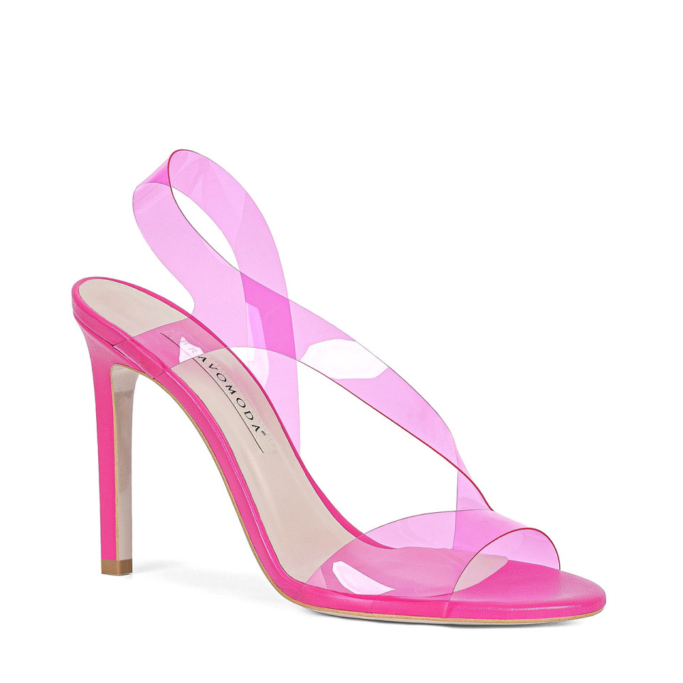 Unique, vibrant pink fuchsia high-heeled women’s sandals with a transparent silicone upper