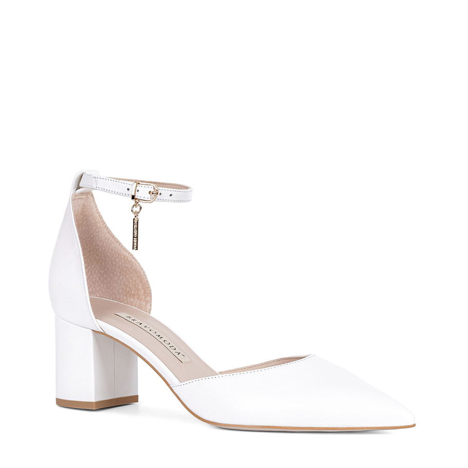 White leather women's bridal pumps made of natural grain leather with a strap around the ankle