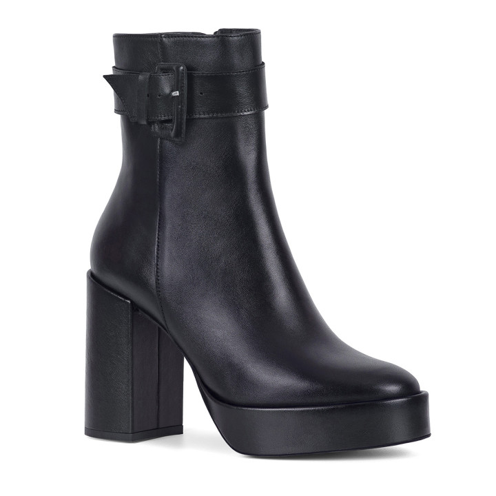 Elegant black leather platform boots with a comfortable wide heel made of natural grain premium leather