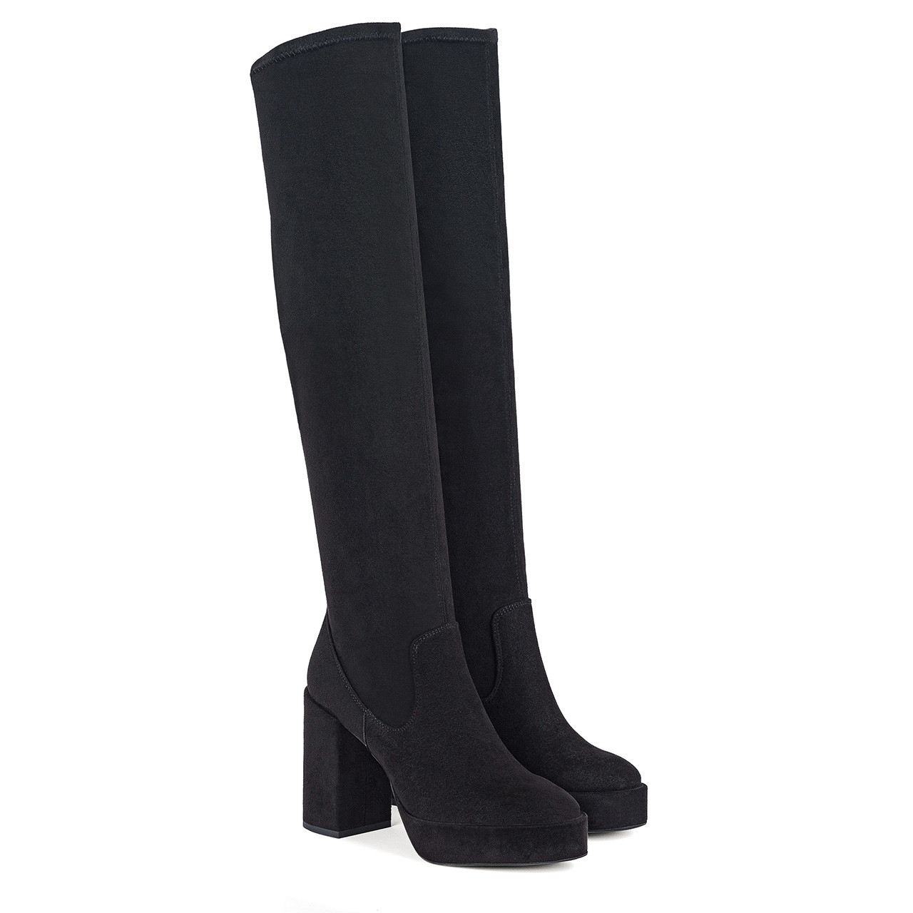 Black leather thigh high women’s boots with a fitted upper