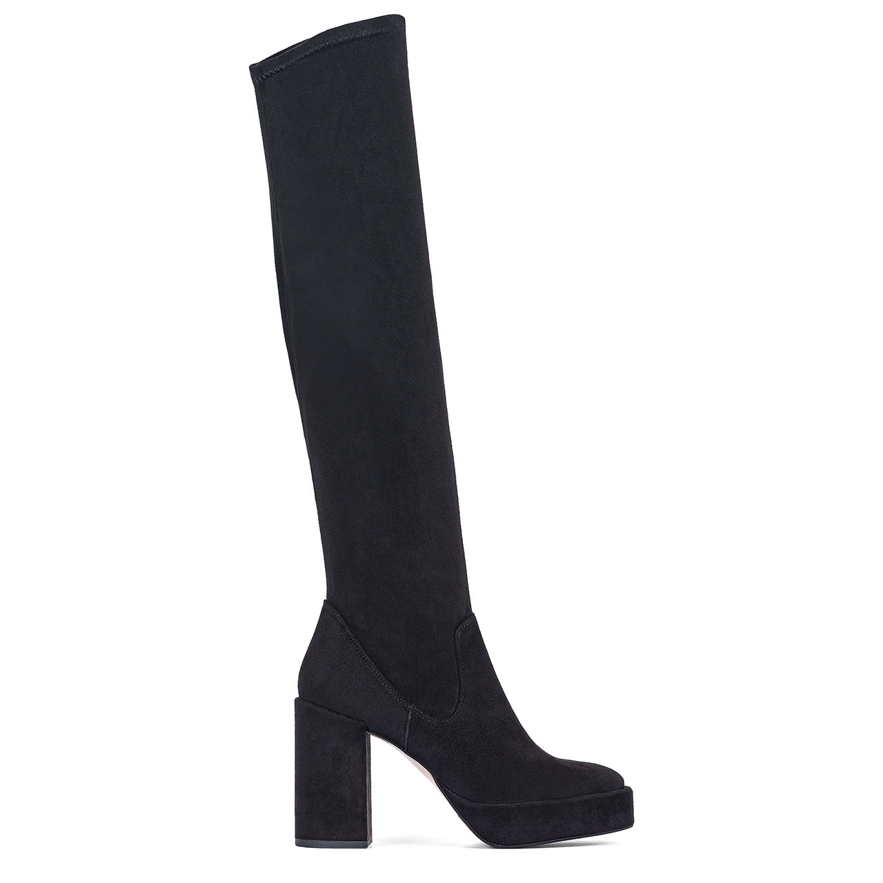 Black leather women's platform thigh high boots
