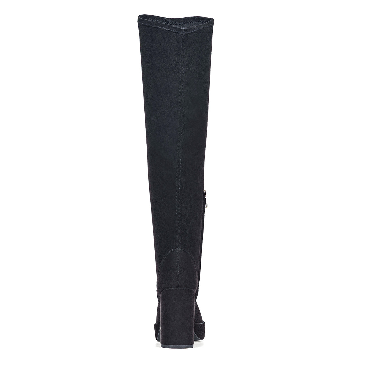 Black leather handcrafted thigh boots with a stable heel