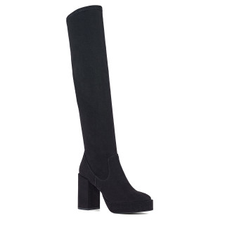 Black leather women's over the knee high boots with a fitted upper on a stable platform heel