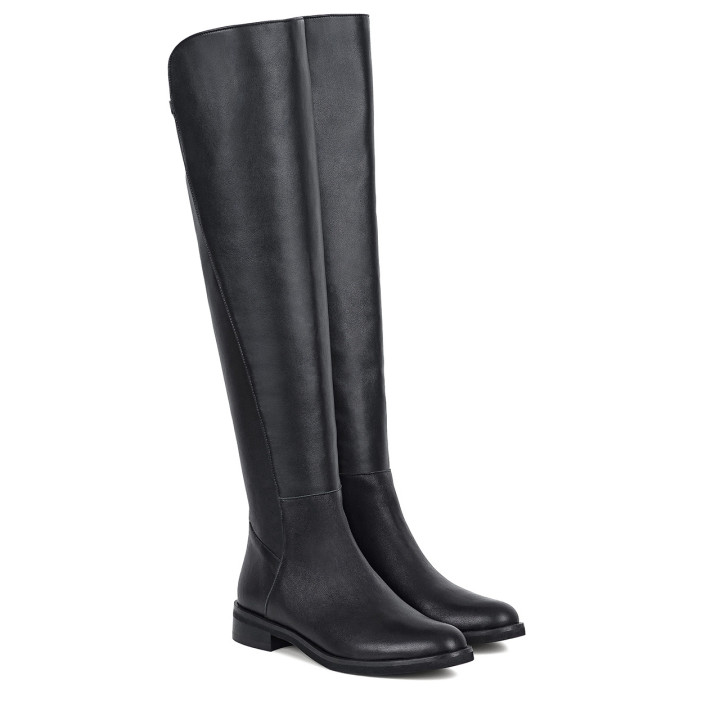 Handcrafted black leather knee high boots with a flat sole