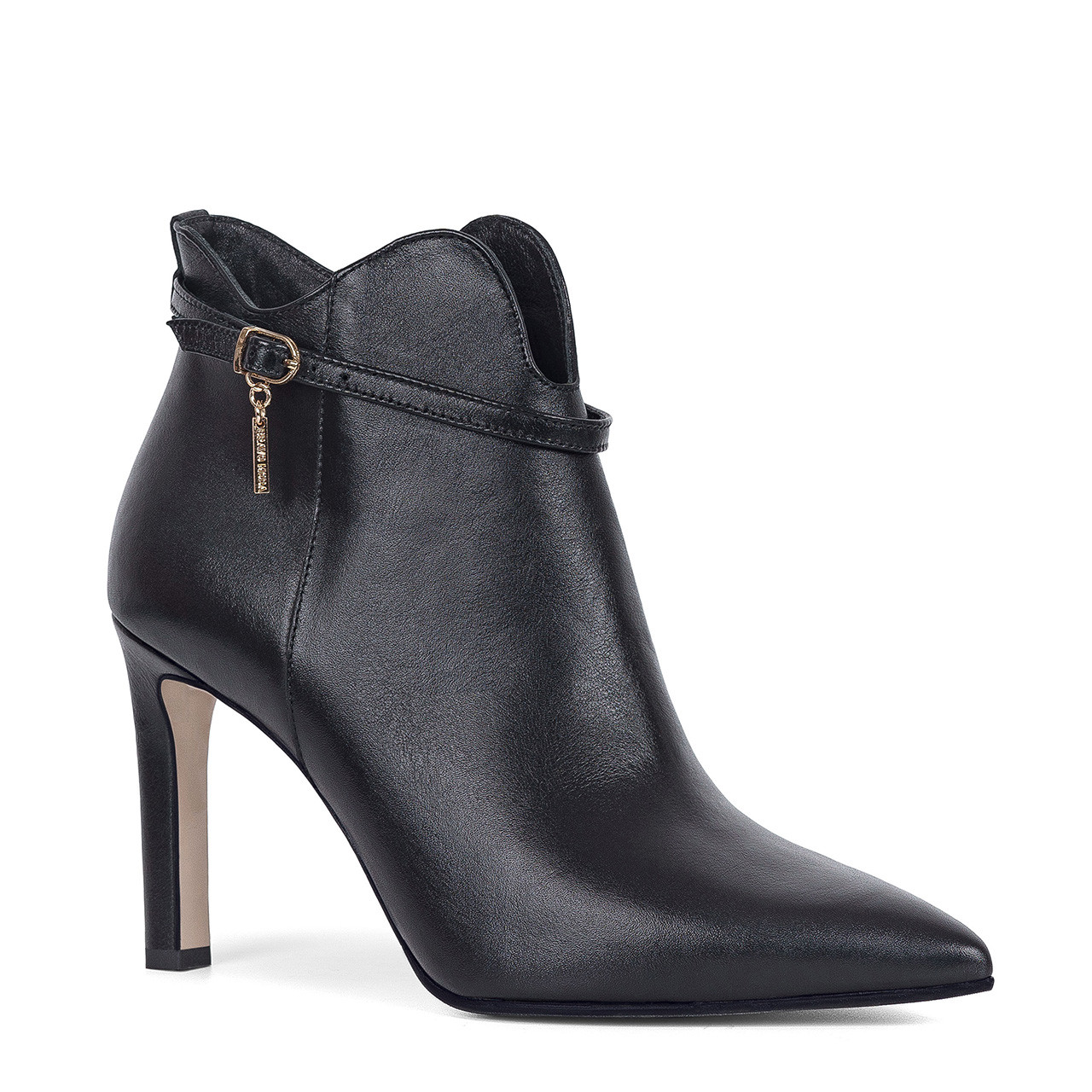 Designer black leather high heel ankle boots