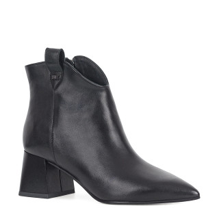 Black leather ankle boots with a stable block heel, handmade of natural grain leather