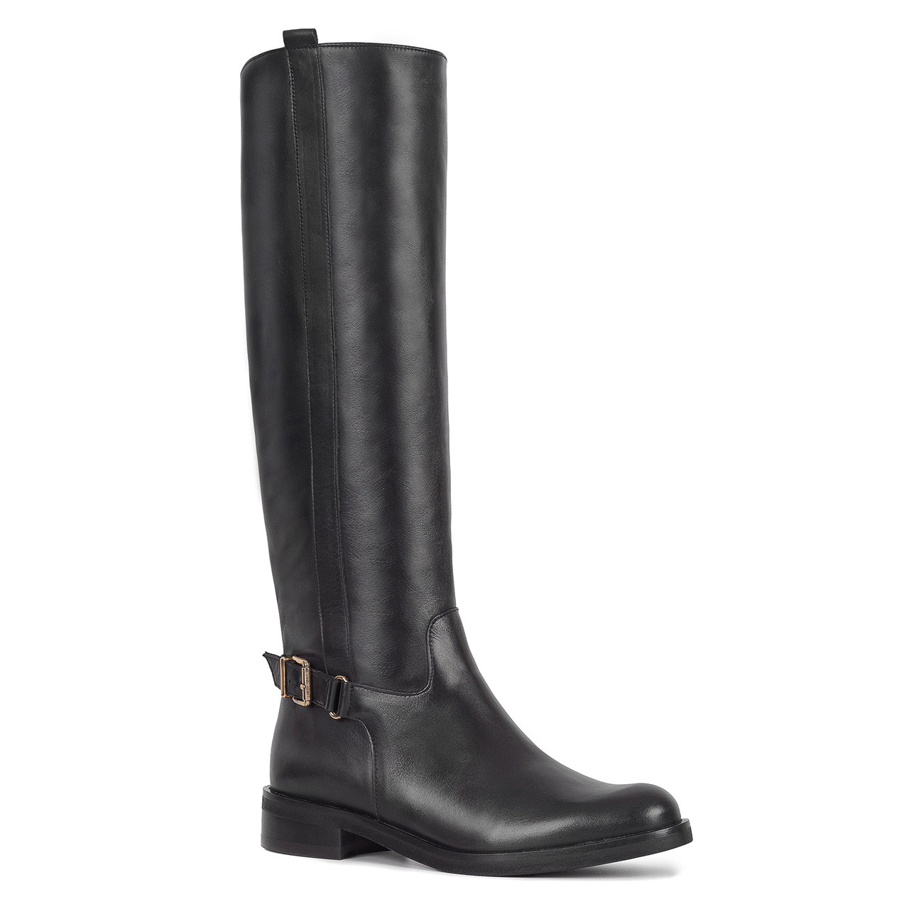 Comfortable black leather women's top boots with a flat heels, made of natural grain premium leather