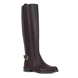 Brown leather knee high top boots with a flat heel