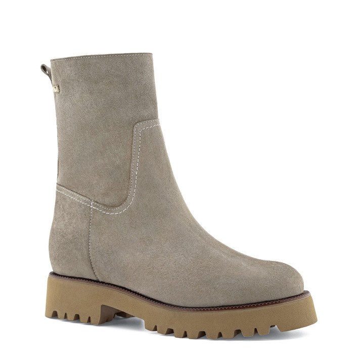 Gray velour ankle boots with a thick sole