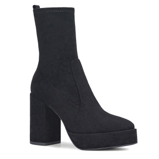 Black leather ankle boots on platform heel with a fitted upper