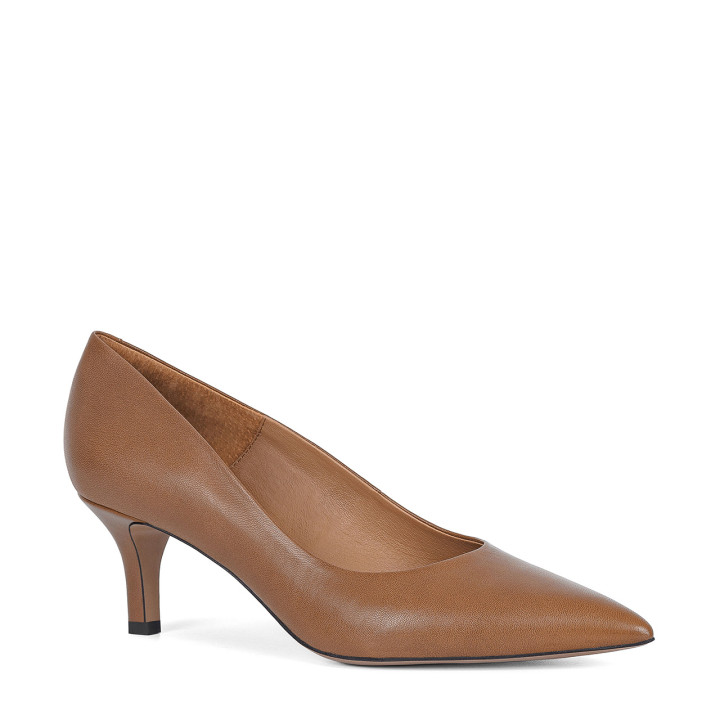 Brown leather pumps with a low heel handcrafted of natural grain leather