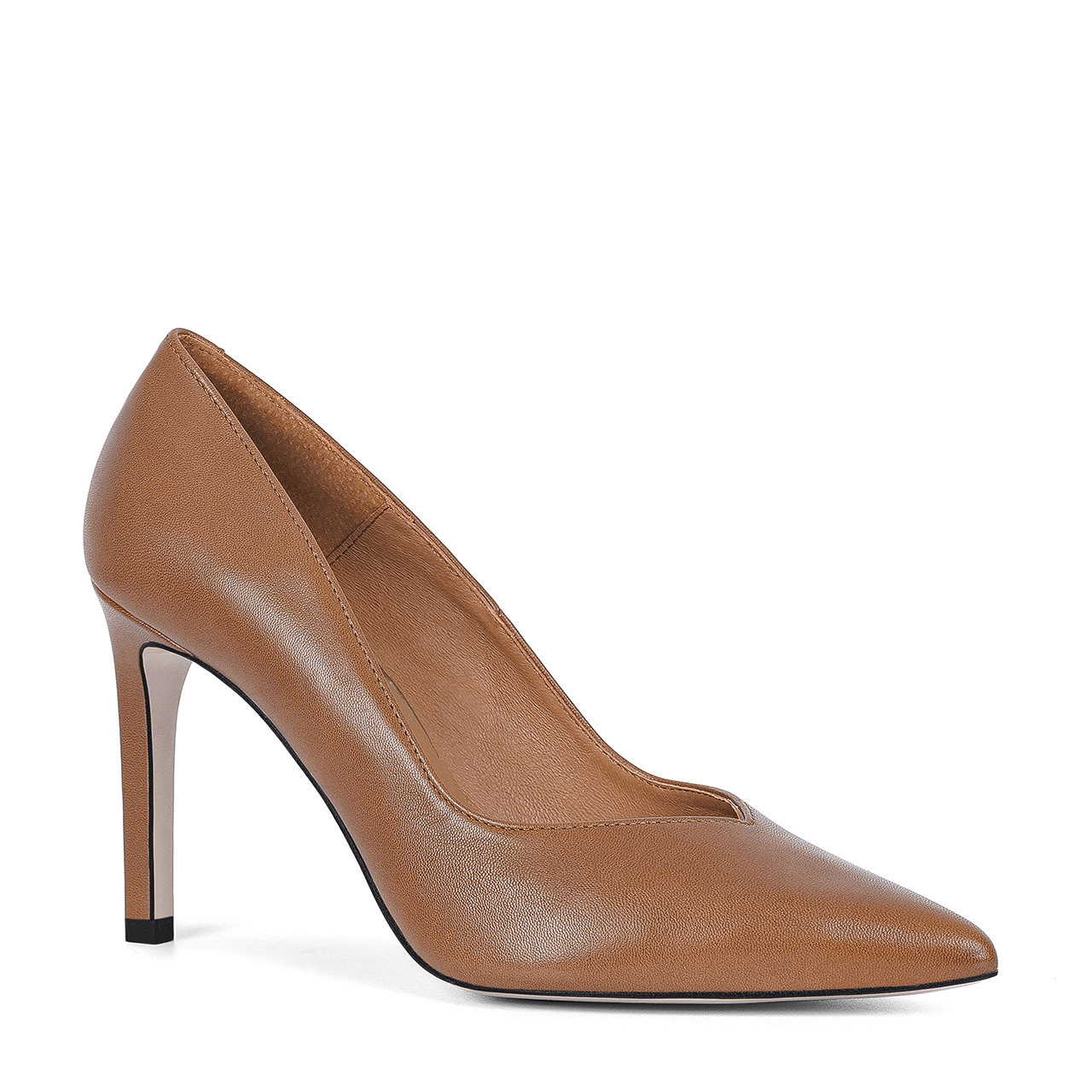 Brown high heels made of natural leather with a cutout at the front