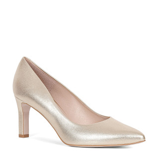 Golden pumps with a comfortable high heel made of natural grain leather