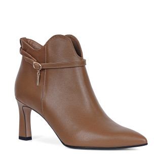 Brown ankle genuine full-grean leather boots with a geometric heel.