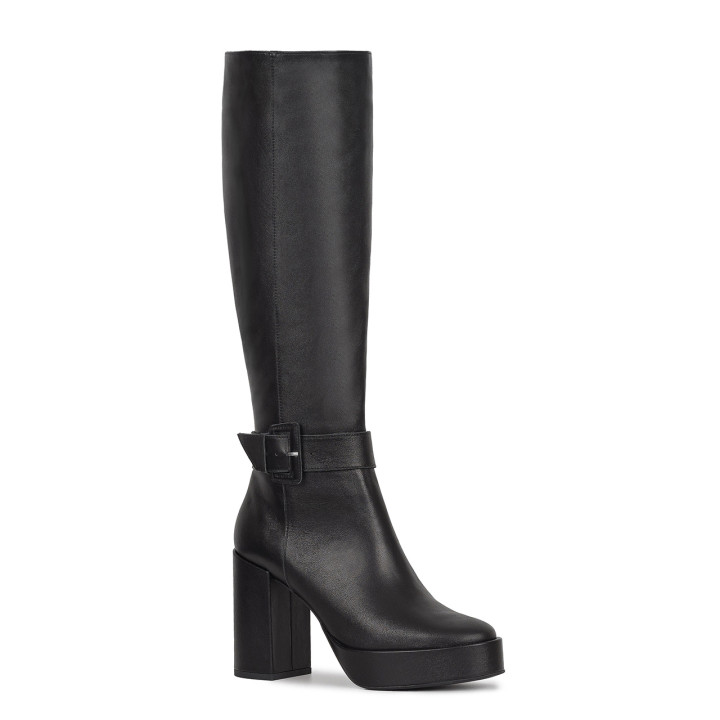 Black leather boots with a platform and a stable heel