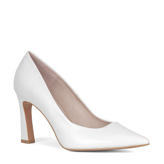 White pumps made of natural grain leather with a geometric heel