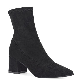 Black fitted ankle boots with a low heel and pointed toes