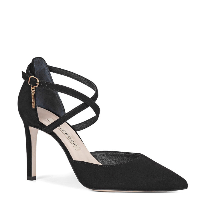 Black suede high-heeled pumps with crisscross straps around the ankle