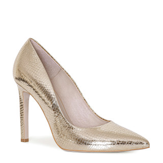 Classic high stiletto heels made from genuine grain leather in a golden color