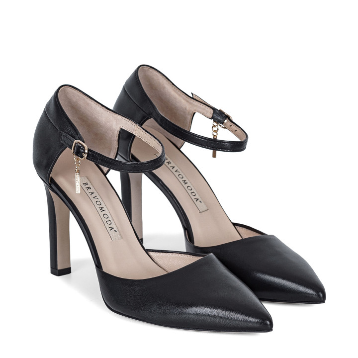 Black pumps with a stable high heel and an adjustable strap around the ankle