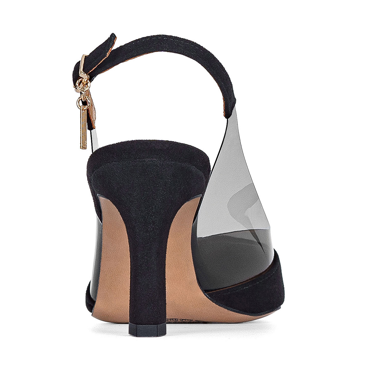 black pumps with an open heel made of natural suede leather combined with transparent silicone