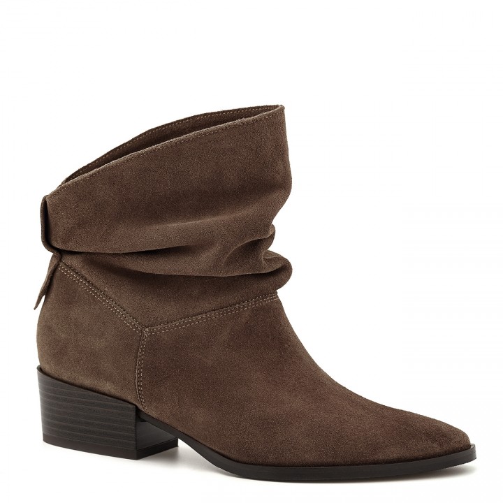 Brown low-heeled ankle boots made of natural velour leather with ruching