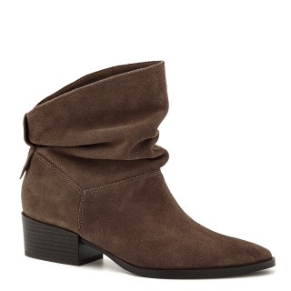 Brown low-heeled ankle boots made of genuine velour leather with ruching