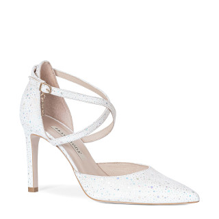 Exceptionally embellished ankle strap high-heeled pumps