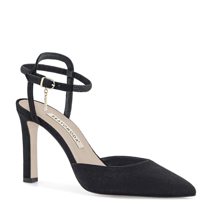 Elegant black suede stilettos with a decorative strap around the ankle
