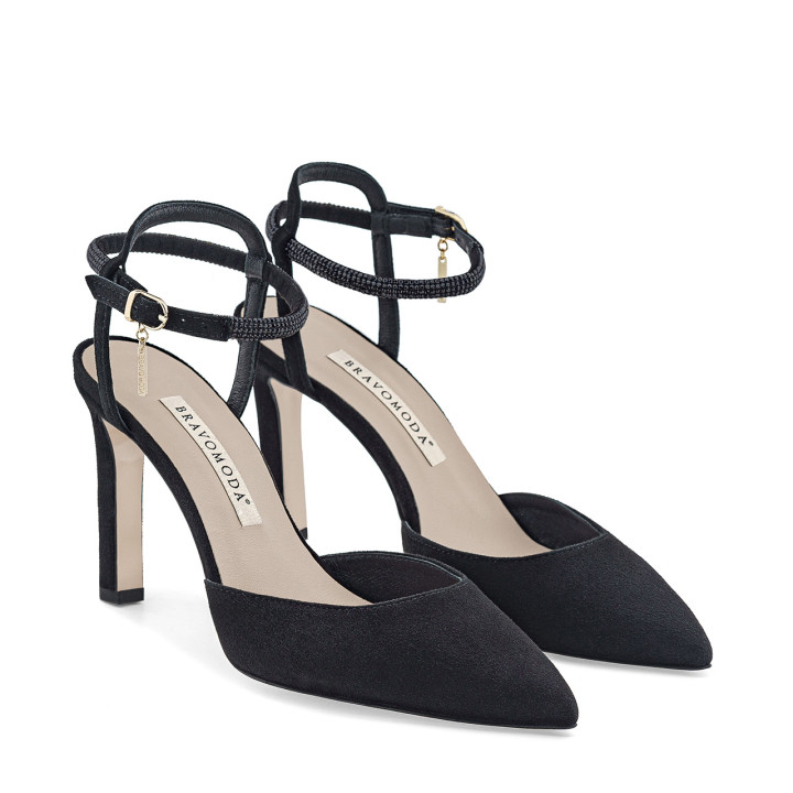 Black open-toe stilettos with a decorative ankle strap