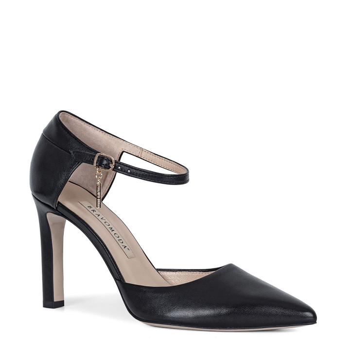 Black pumps made of natural grain leather with a stable stiletto heel and an adjustable strap around the ankle