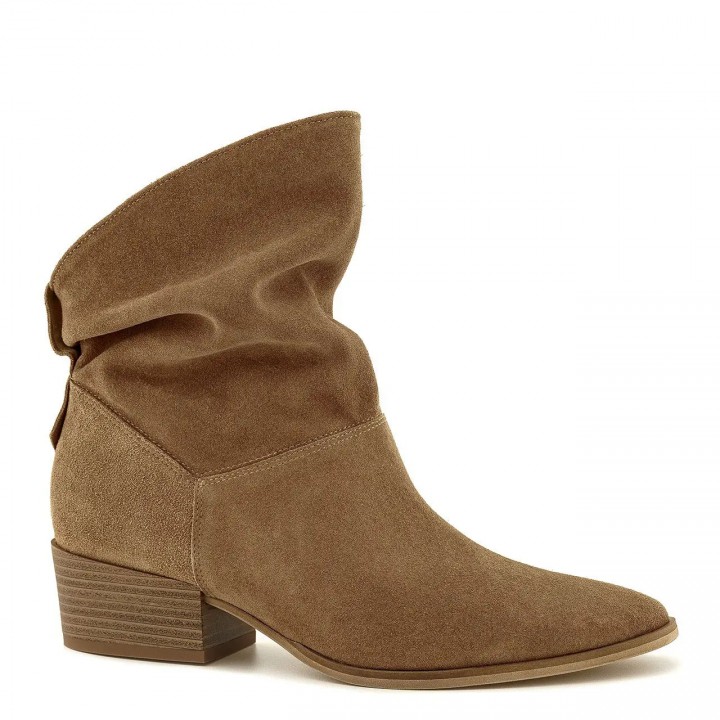 Beige velour ankle boots with a low, wide heel