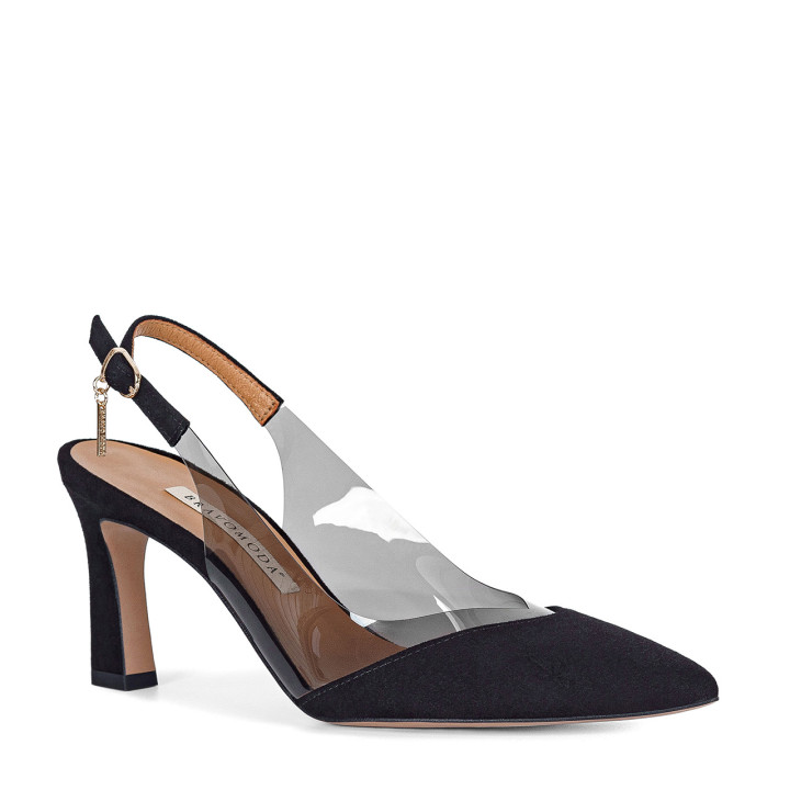 Black pumps with an open heel made of natural suede leather combined with transparent silicone