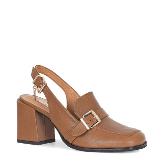 Brown pumps on a stable heel with square toes and an open heel