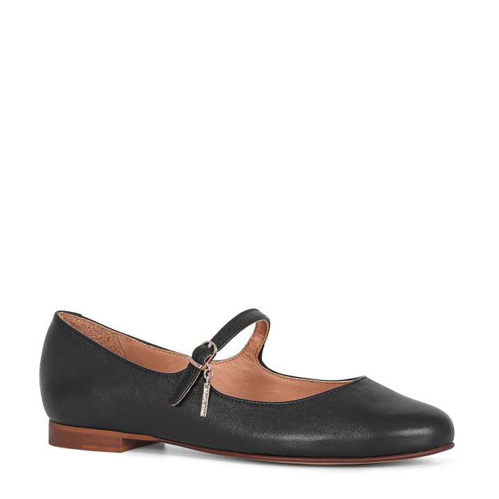 Black ballet flats with a belt made of natural grain leather