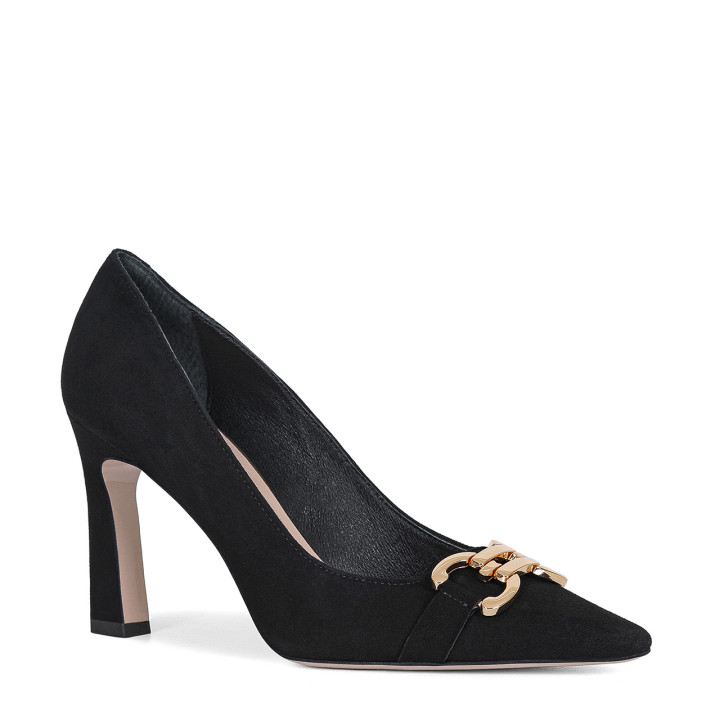Black suede pumps with narrow toes and gold decoration