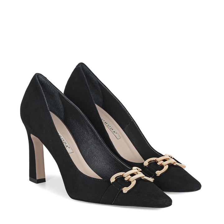 Black suede pumps with narrow toes
