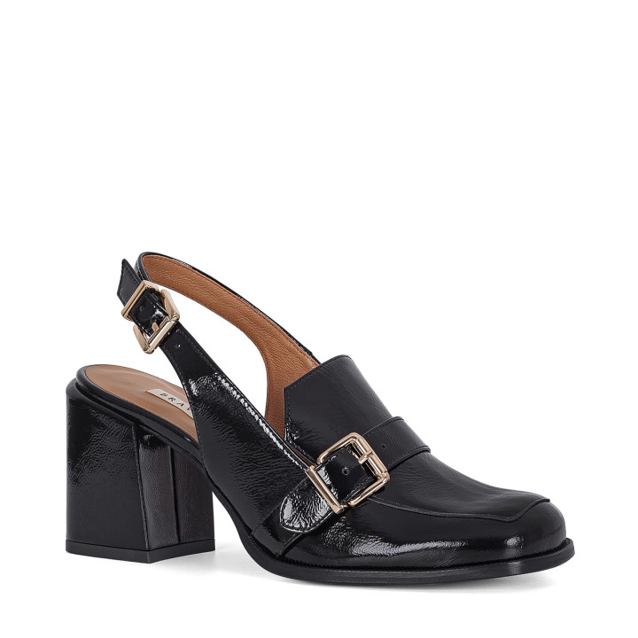 Black pumps with square toes and an open heel