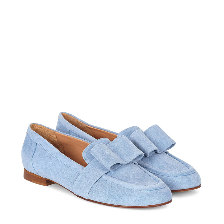 Blue suede moccasins with a decorative bow
