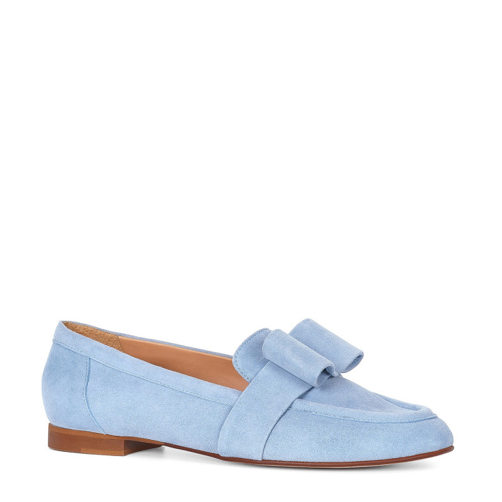 Blue moccasins with a decorative bow made of natural suede leather