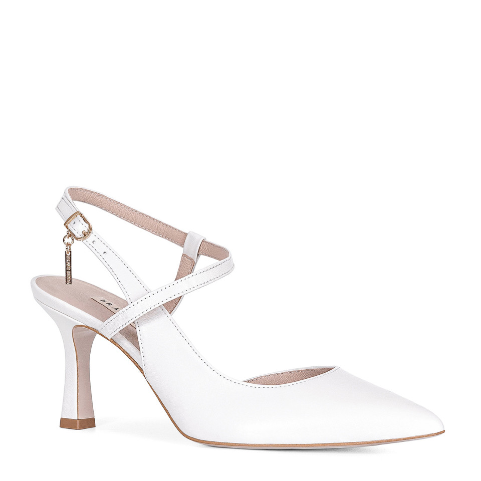 White stiletto pumps with an open side, made of natural grain leather