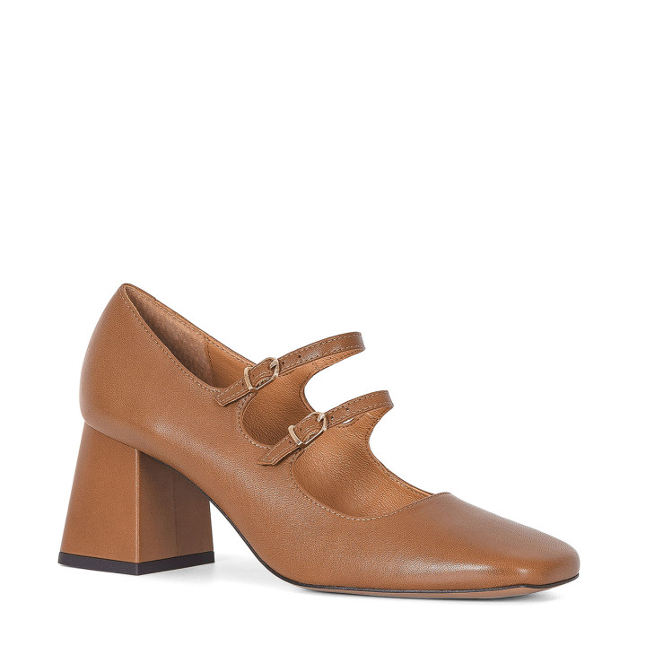 Brown leather pumps with square toes